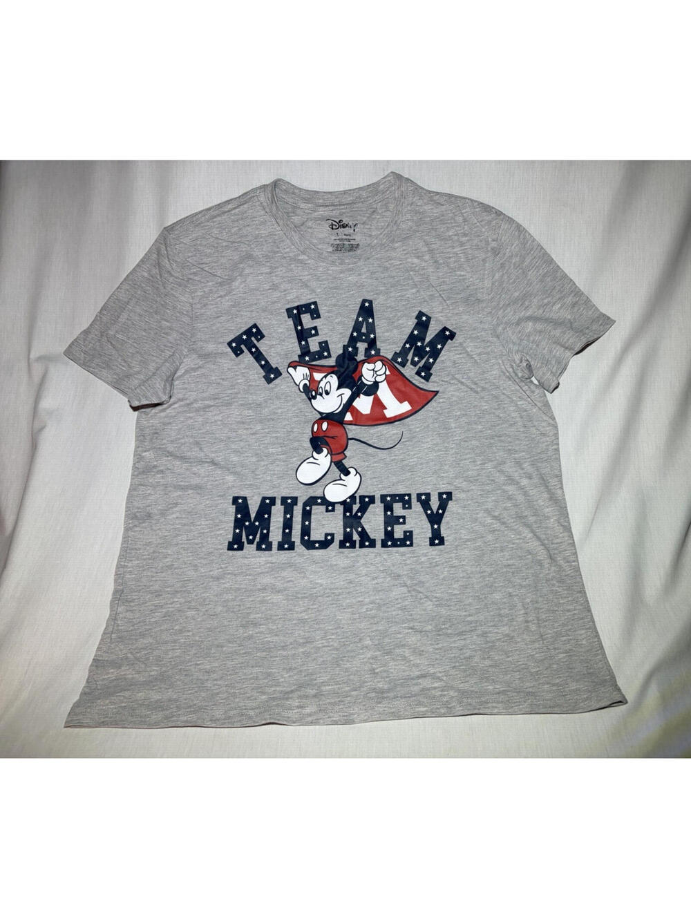 Disney Men's L Gray Cotton/Poly Jersey Crew Neck Short Sleeve Team Mickey Tee